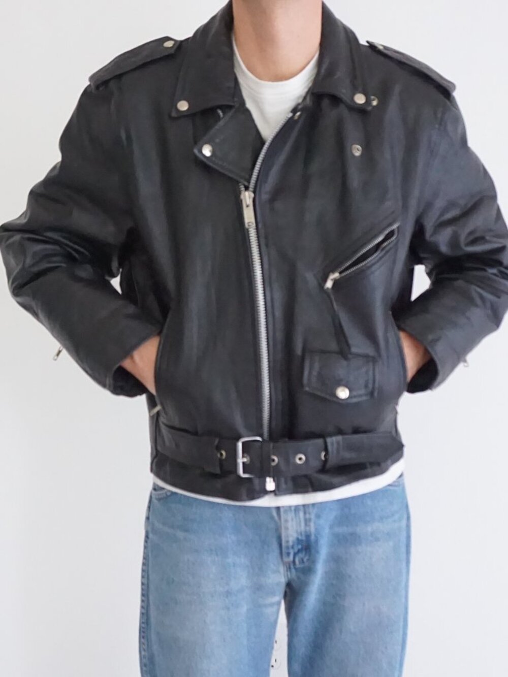 Vintage Leather Sheen Black Motorcycle Biker Leather Jacket Belted Zip USA 44